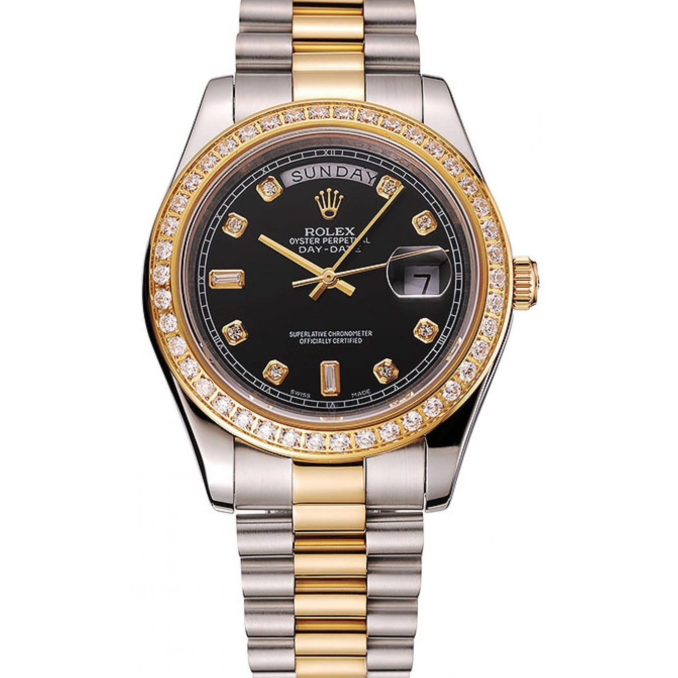 Good Copy Rolex Watches Gold Case Tone Two Stainless Swiss 1453976 Diamond Bracelet Black Dial Day-Date Steel Rolex 0628